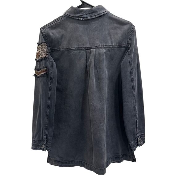 Free People Embellished Military Shirt Jacket Gray Distressed Beaded Patchwork - Picture 2 of 13